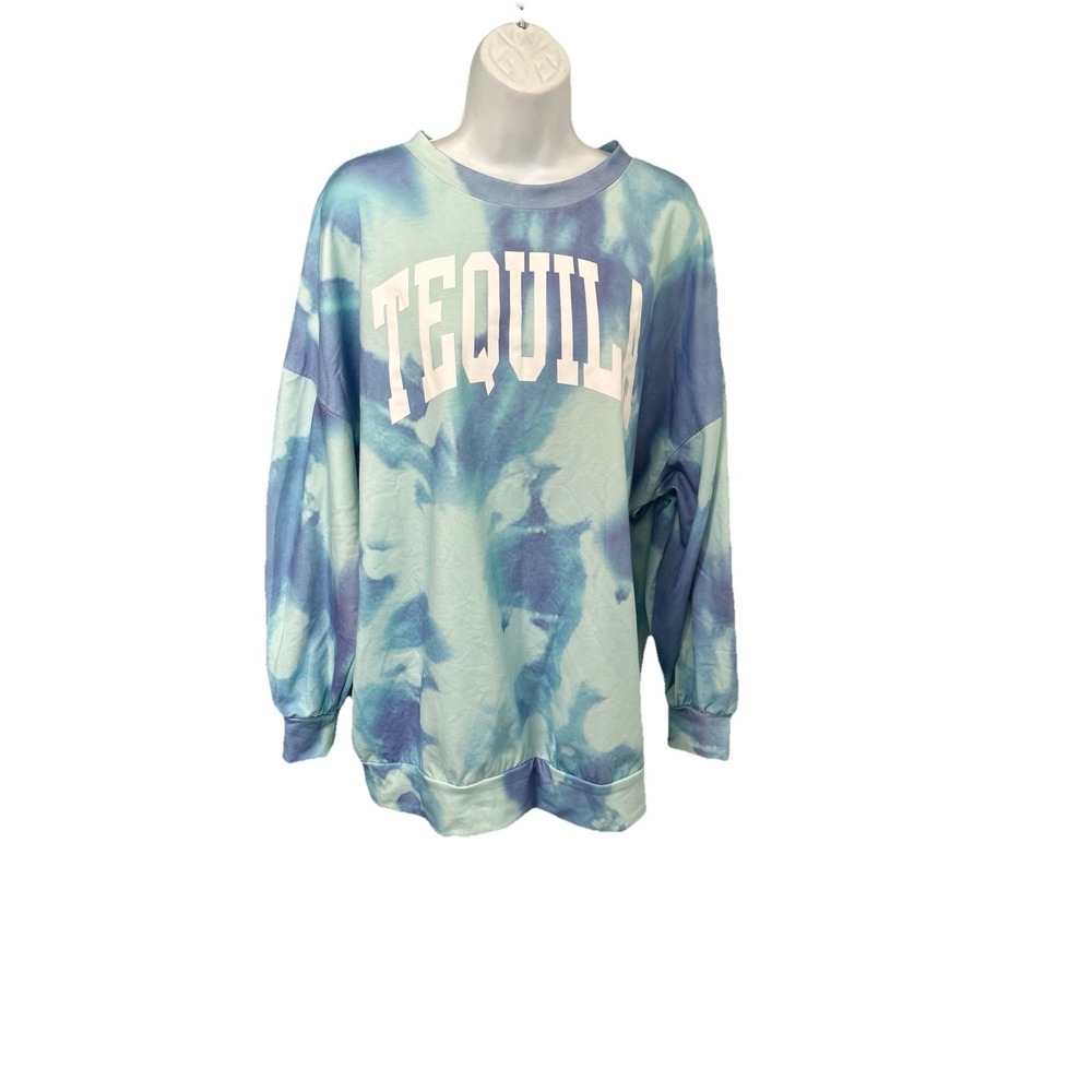 Tequila Women's Medium Tie Dye Sweatshirt Blue Oversized‎ Grunge Casual Boho